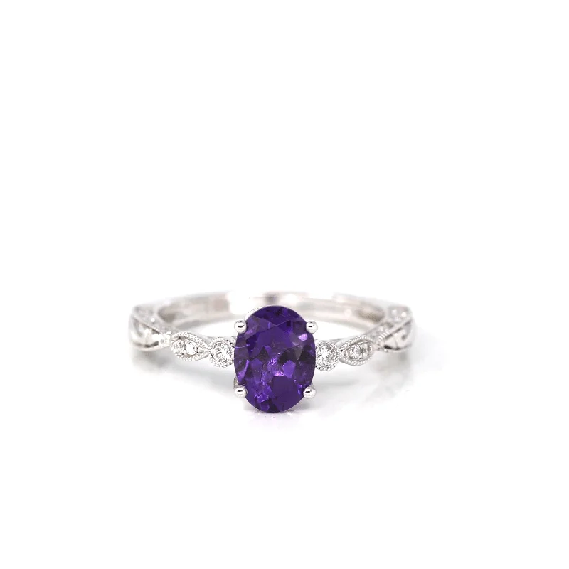 two-tone engagement ring for women -14k White Gold Genuine Amethyst Ring with Diamonds