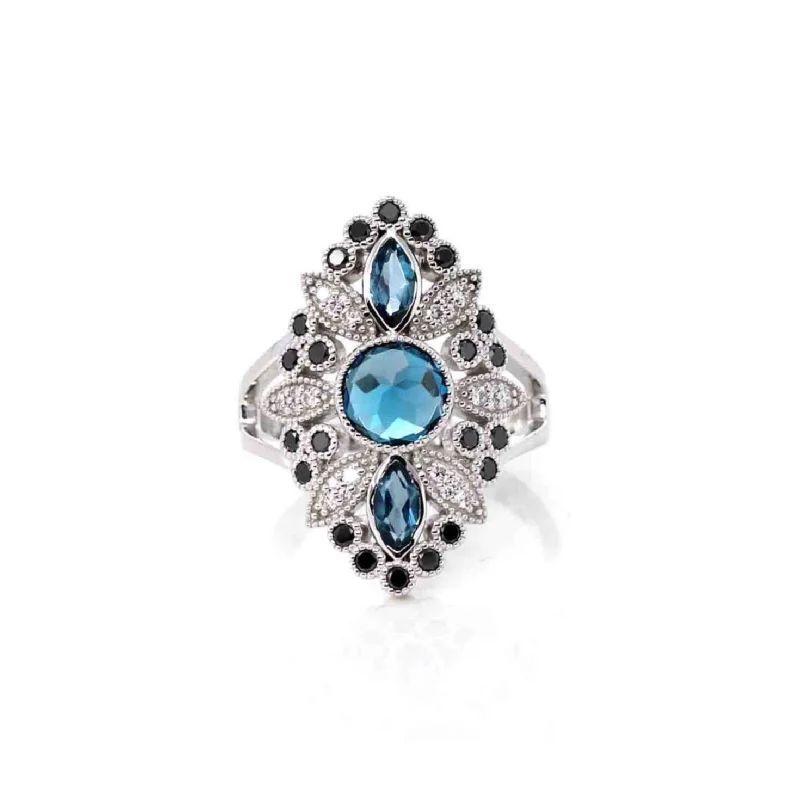 sapphire and diamond ring for women -14k White Gold Genuine Swiss Blue Topaz Ring with Diamonds