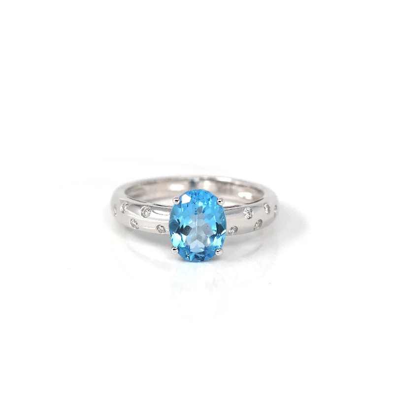 sapphire engagement ring for women -14k White Gold Genuine Swiss Blue Topaz Ring with Diamonds