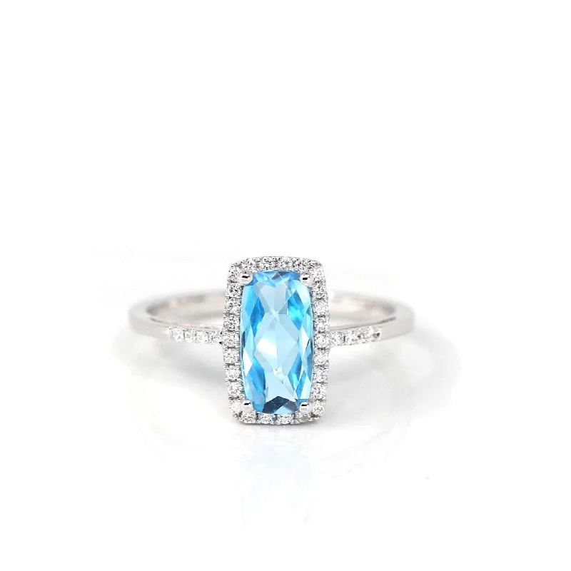 luxury wedding ring for women -14k White Gold Genuine Swiss Blue Topaz Ring with Diamonds