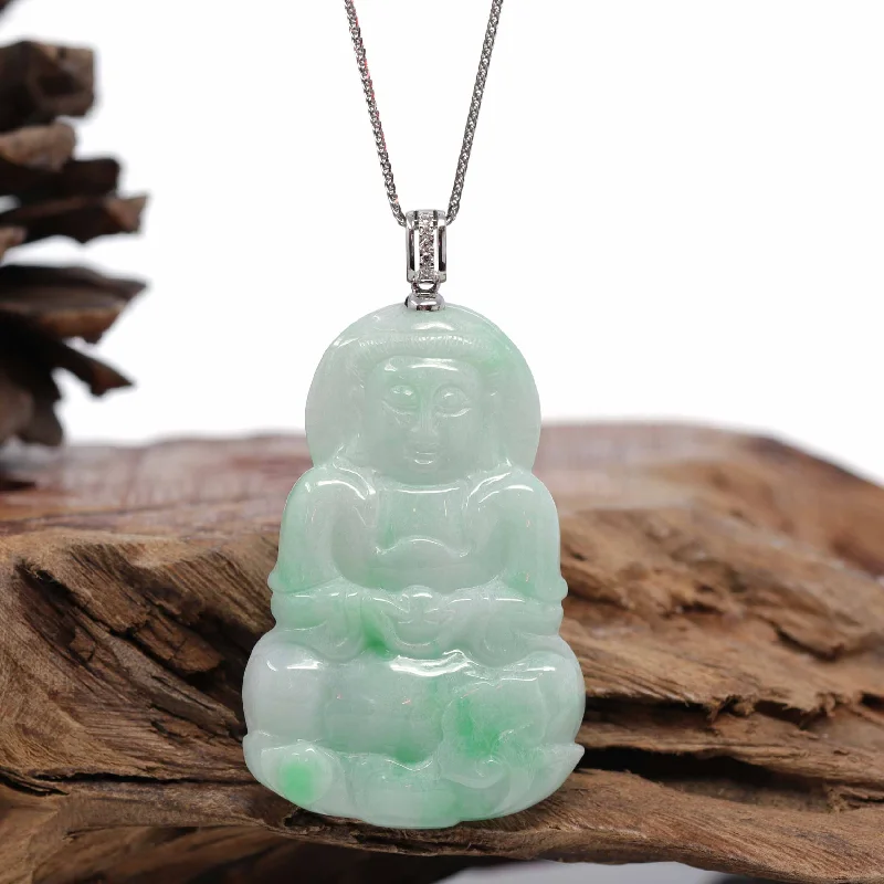 statement pendant necklace for women -14k White Gold "Goddess of Compassion" Genuine Green Jadeite Jade Guanyin Necklace With Gold Diamond Bail