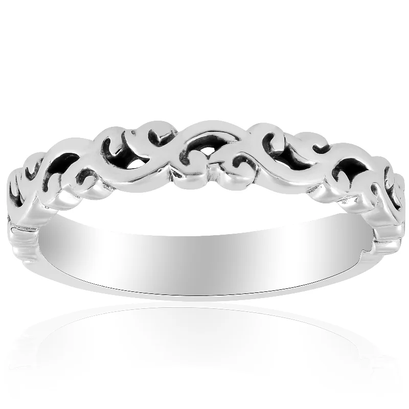 silver wedding band for men -14k White gold Hand Carved Womens Wedding Band Filigree Vintage Stackable Ring