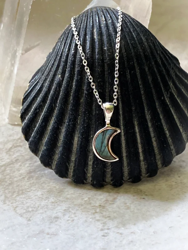 silver name necklace for women -Labradorite Crescent Moon Necklace