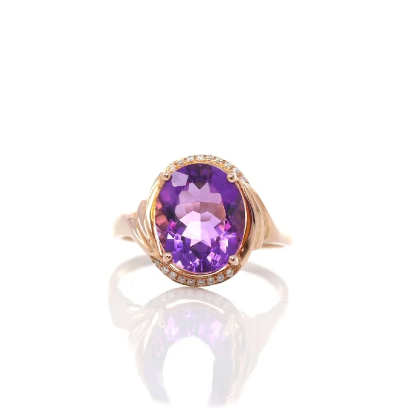 large statement ring for women -18k Rose Gold Genuine Amethyst Ring with Diamonds