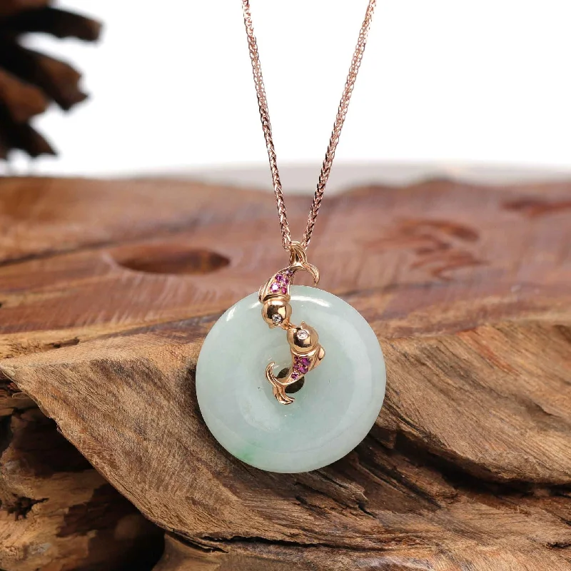 handmade gemstone pendant necklace -18k Rose Gold Genuine Jadeite Constellation (Pisces) Necklace with Diamonds & Tourmaline