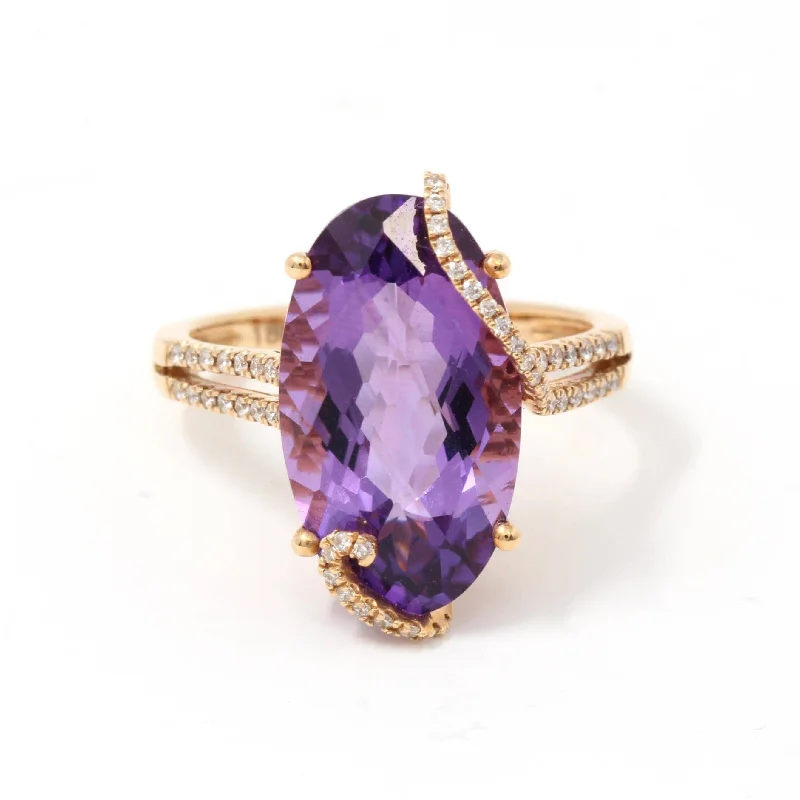 anniversary ring for women -18k Rose Gold Genuine Oval Amethyst Ring with Diamonds Halo