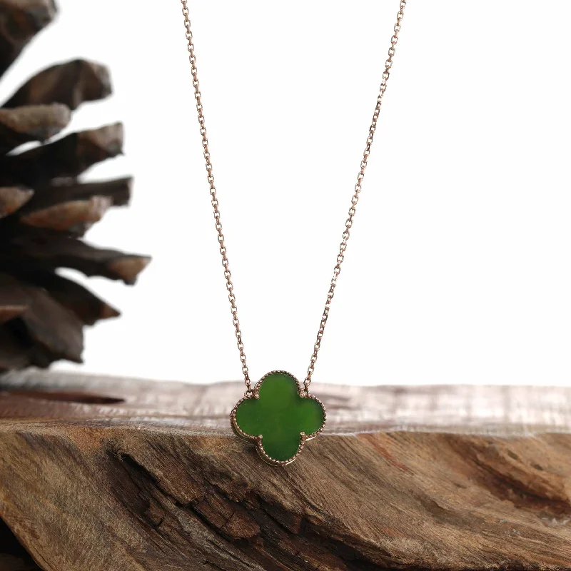 layered chain necklace for men -18k Rose Gold Natural Green Nephrite Jade Lucky Four Leaf Clover Necklace