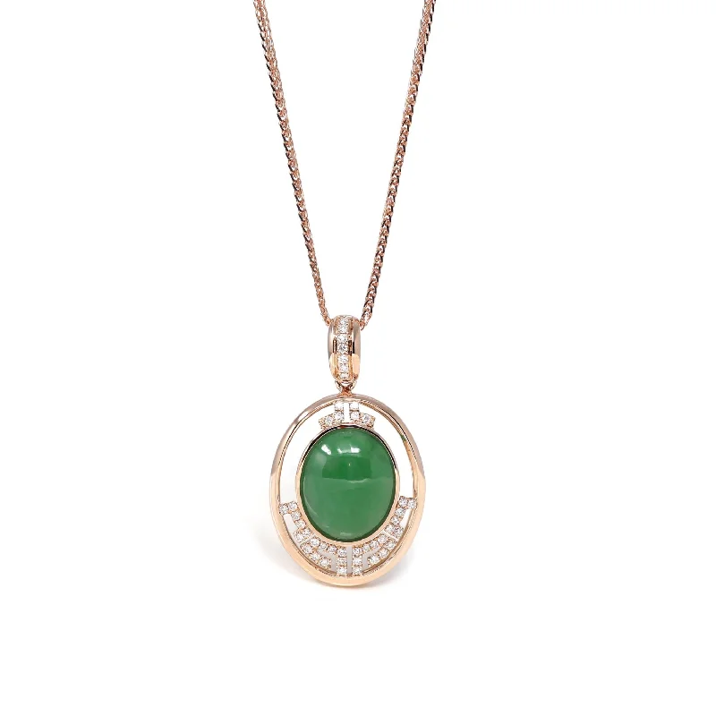 custom nameplate necklace for men -18K Rose Gold Oval Imperial Jadeite Jade Cabochon Necklace with Diamonds