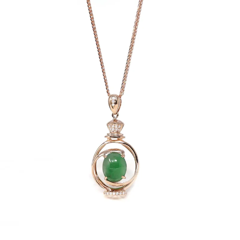 silver pendant necklace for women -18K Rose Gold Oval Imperial Jadeite Jade Cabochon Necklace with Diamonds