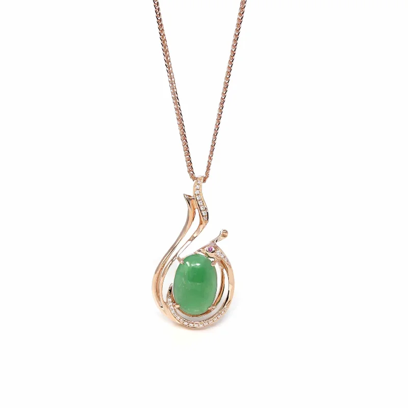 custom name charm necklace for women -18K Rose Gold Oval Imperial Jadeite Jade Cabochon Necklace with Diamonds