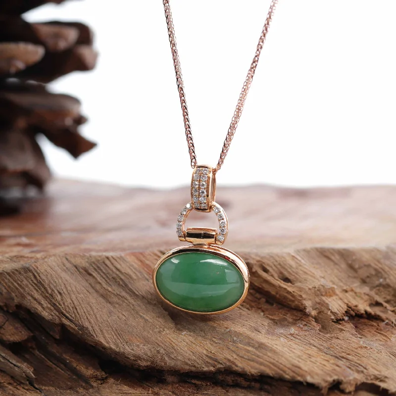 personalized pendant necklace for women -18K Rose Gold Oval Imperial Jadeite Jade Cabochon Necklace with Diamonds