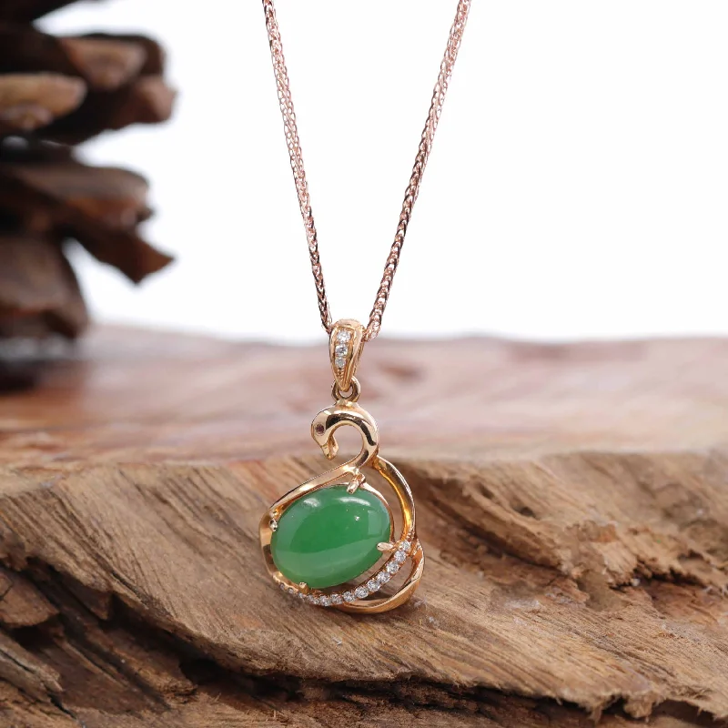 elegant gemstone necklace for weddings -18K Rose Gold "Swan" Imperial Jadeite Jade Cabochon Necklace with Diamonds