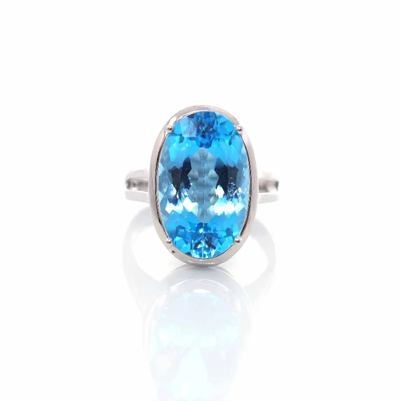 men’s titanium ring -18k White Gold Genuine Swiss Oval Blue Topaz Ring with Diamonds