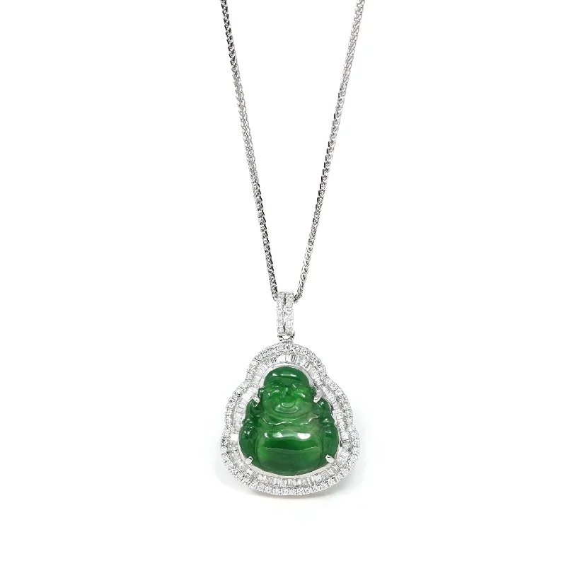 gold bar necklace for women -18K White Gold High-End Imperial Jadeite Jade Buddha Necklace with Diamonds