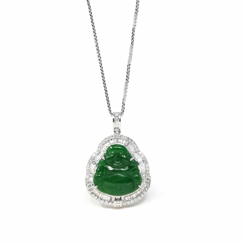 custom coordinate necklace for couples -18K White Gold High-End Imperial Jadeite Jade Buddha Necklace with Diamonds