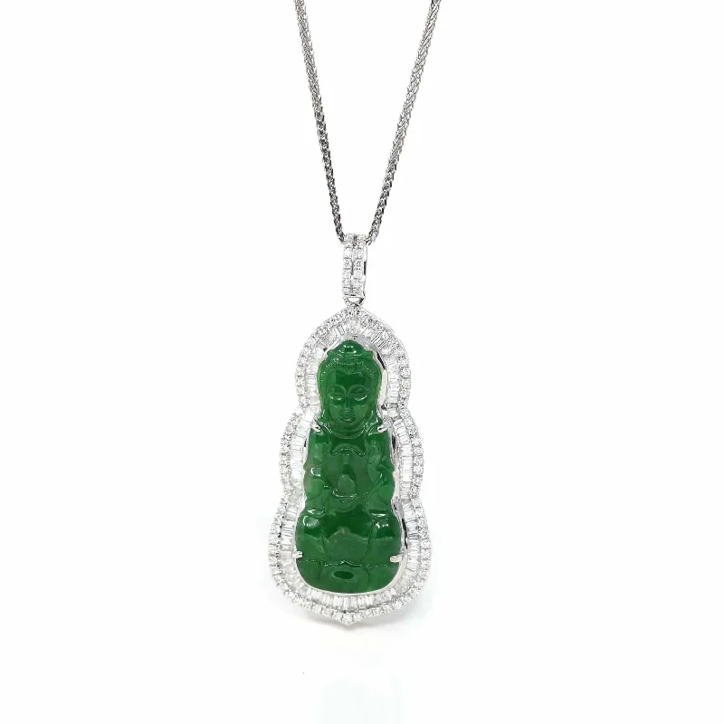 diamond heart necklace for women -18K White Gold High-End Imperial Jadeite Jade "Goddess of Compassion" Guan Yin Necklace with Diamonds