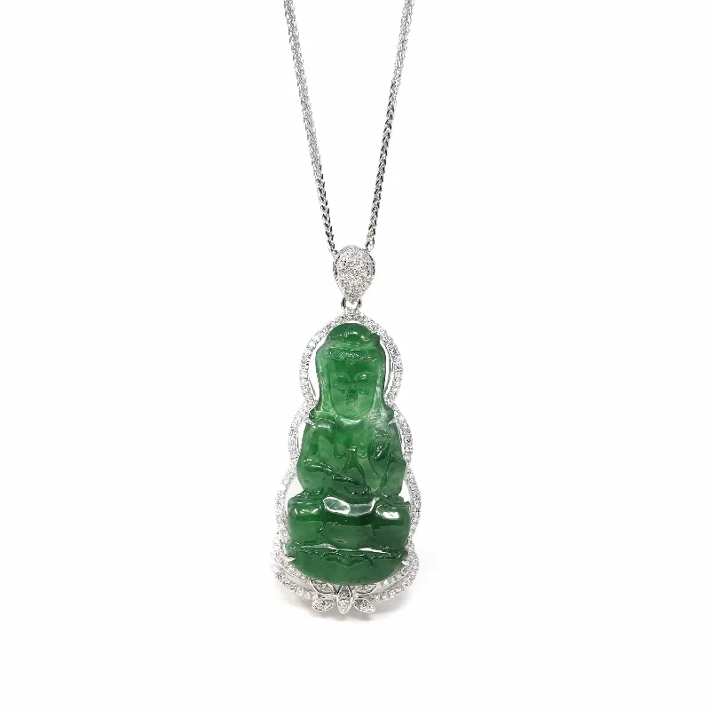 engraved family name necklace for women -18K White Gold High-End Imperial Jadeite Jade "Goddess of Compassion" Guan Yin Necklace with Diamonds