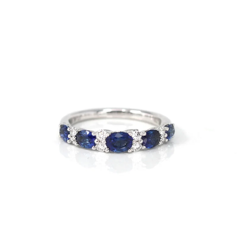 wide band ring for women -18k White Gold Natural Blue Sapphire Five Stones Set Band Ring with Diamonds