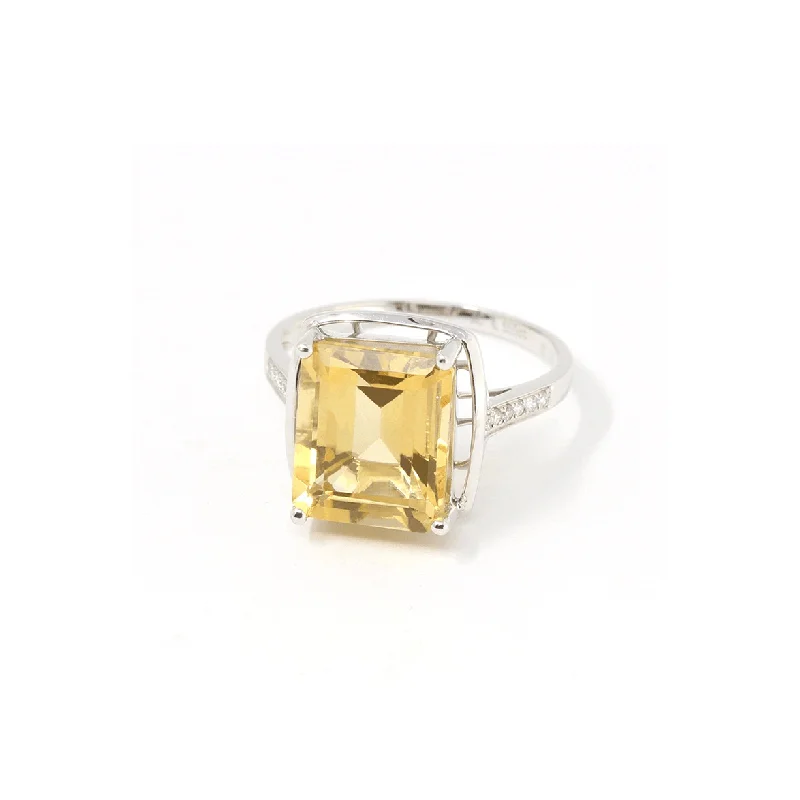 adjustable gemstone ring for women -18k White Gold Natural Emerald Cut Citrine Ring W/ Diamonds