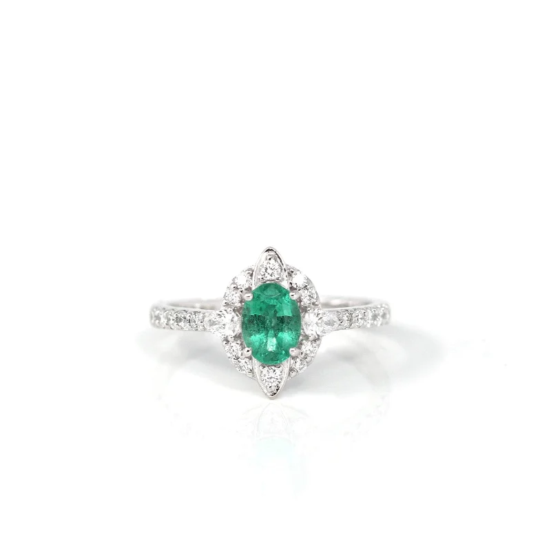 double band engagement ring for women -18k White Gold Natural Emerald Ring with Diamonds