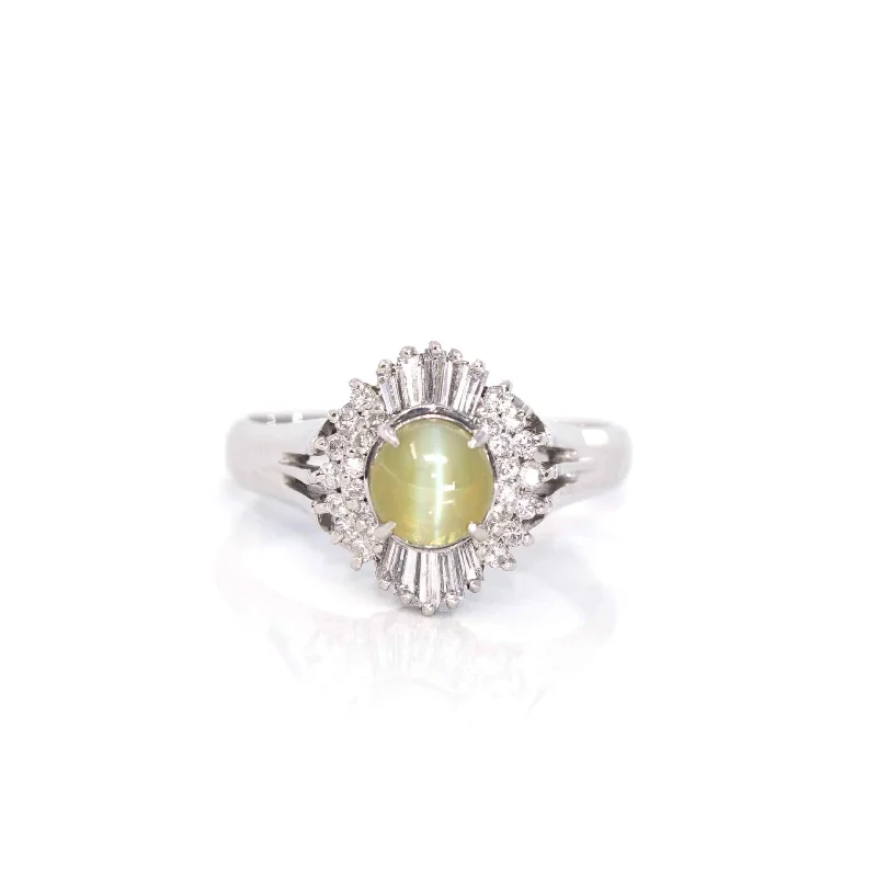 men's ceramic ring -18k White Gold Natural Green Chrysoberyl Cat's Eye Ring with Diamond