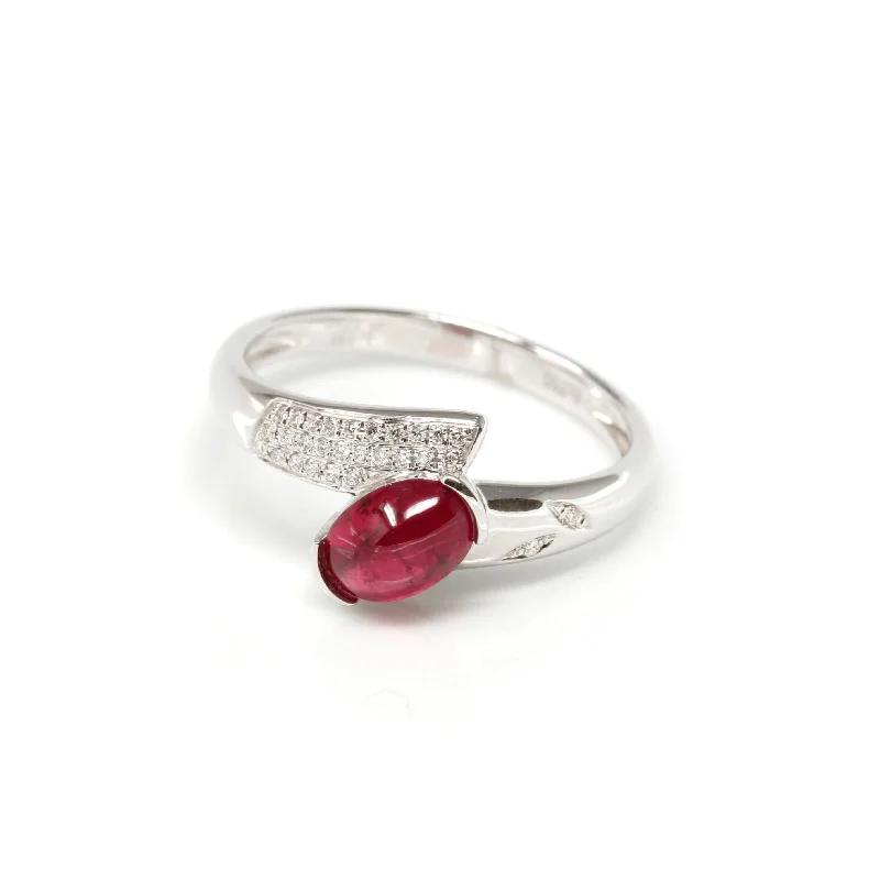 pink sapphire ring for women -18k White Gold Natural Oval Ruby Diamond Anniversary Ring R14