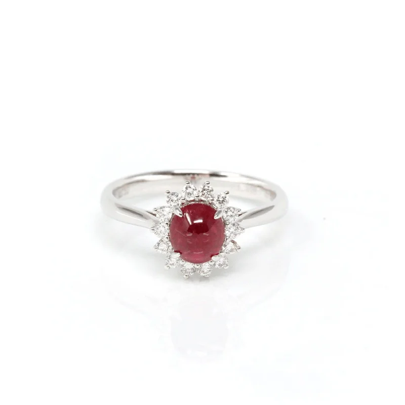 silver gemstone ring for women -18k White Gold Natural Oval Ruby Diamond Anniversary Ring