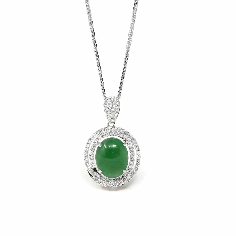 geometric pendant necklace for men -18K White Gold Oval Imperial Jadeite Jade Cabochon Necklace with Diamonds