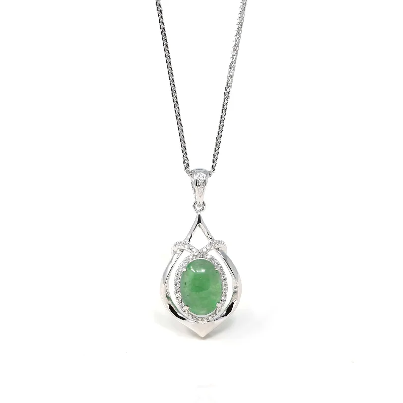 pearl pendant necklace for women -18K White Gold Oval Imperial Jadeite Jade Cabochon Necklace with Diamonds