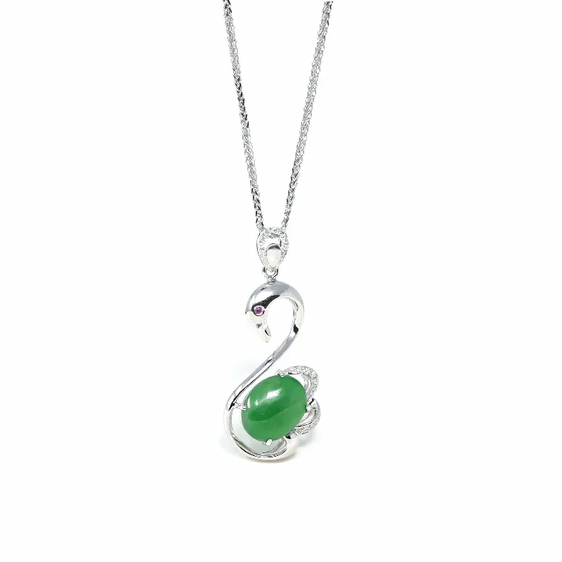 infinity pendant necklace for women -18K White Gold "Swan" Imperial Jadeite Jade Cabochon Necklace with Diamonds