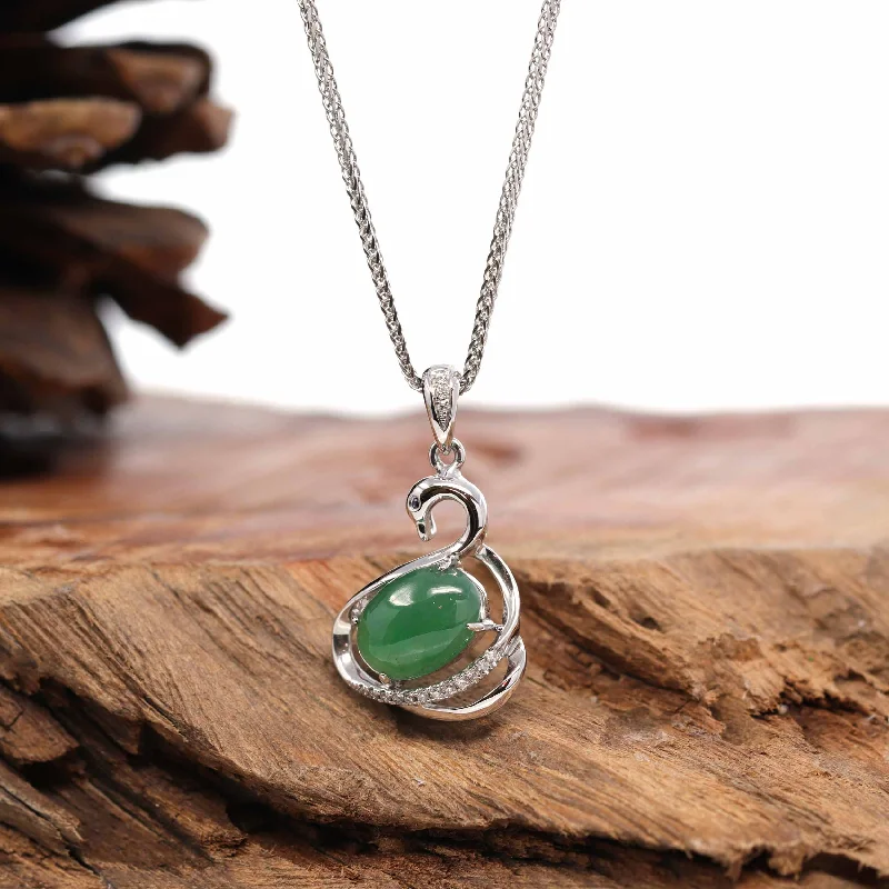 diamond solitaire necklace for women -18K White Gold "Swan" Imperial Jadeite Jade Cabochon Necklace with Diamonds