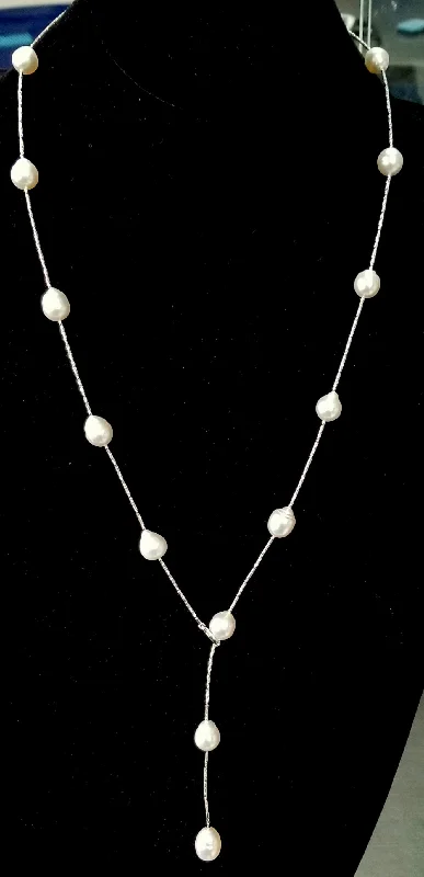 vintage locket necklace for photos -White Pearl Adjustable Necklace in 18K White Gold