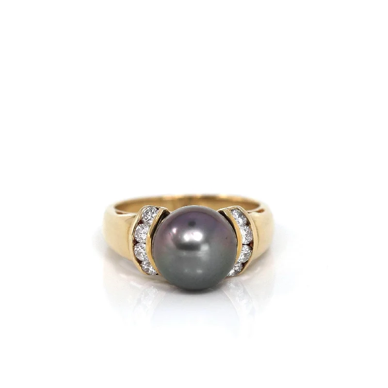 stackable silver rings for women -18k Yellow Gold Cultured Black Pearl Diamond Ring