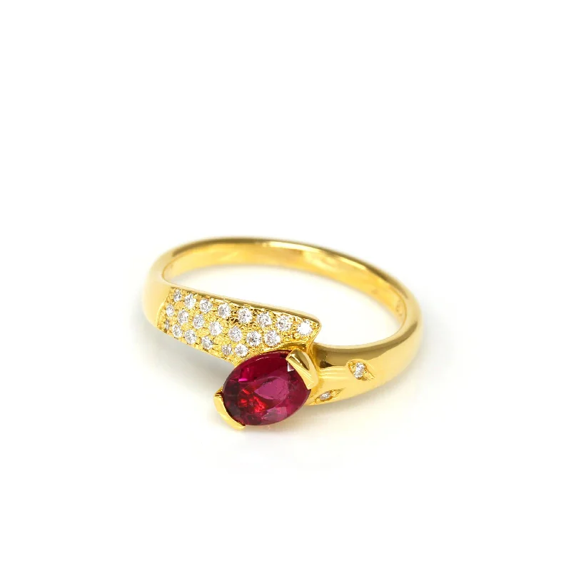 diamond cluster ring for women -18k Yellow Gold Natural Oval Ruby Diamond Anniversary Ring