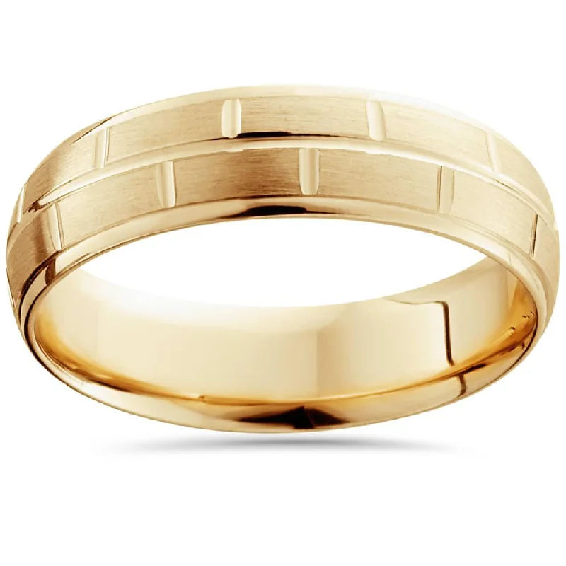 luxury wedding ring for women -6mm 14K Yellow Gold Hand Carved Brushed Wedding Band Size Selectable