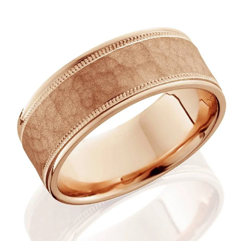 men’s titanium ring -8mm Hammered Mens Wedding Band 14K Rose Gold Size Selectable