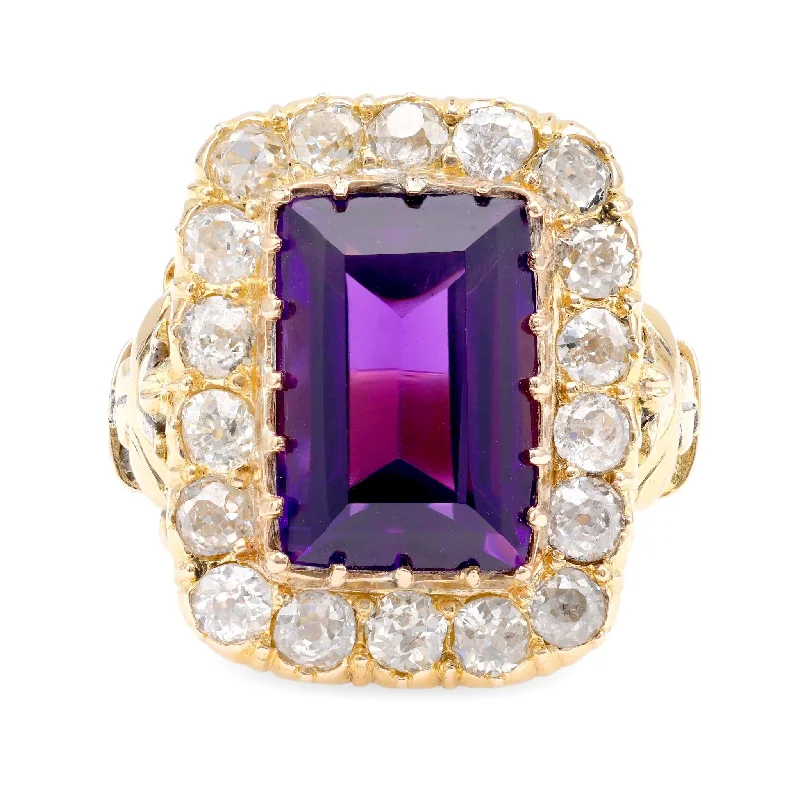 white gold engagement ring for women -Antique 7.5 Carat Emerald Cut Amethyst Diamond 18K Yellow Gold Cocktail Ring