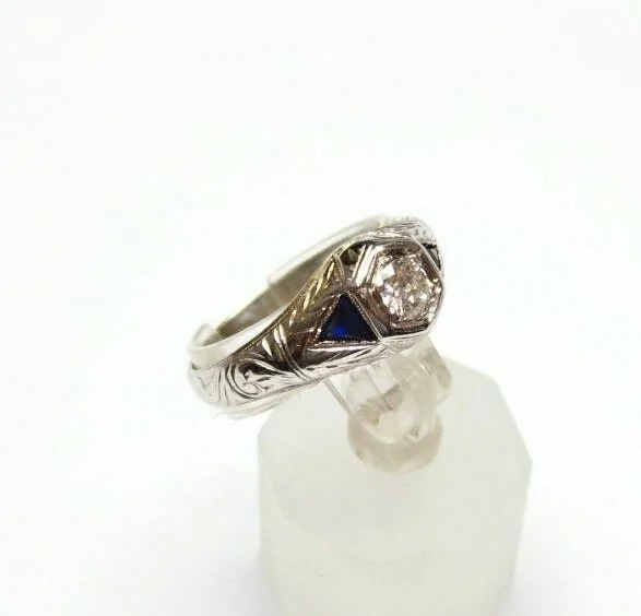 sapphire wedding ring for women -Antique Art Deco Diamond and Sapphire Wedding Ring 18K Gold 0.62 Carat t.w.