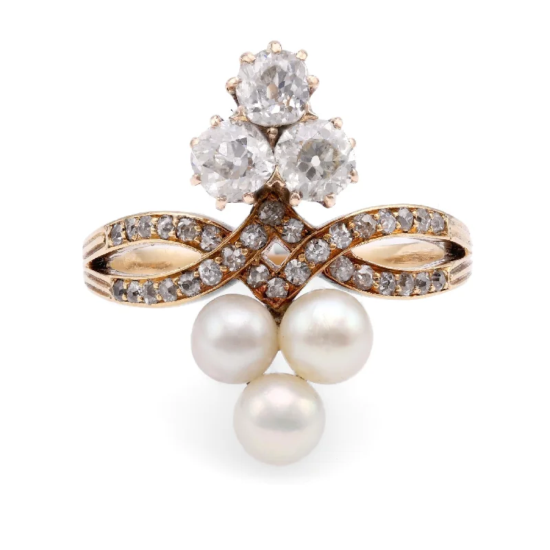 multi-stone ring for women -Antique Diamond Pearl 14K Yellow Gold Ring