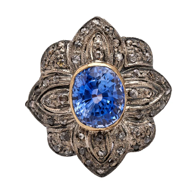 anniversary ring for women -Antique Portuguese Sapphire and Diamond Gold Silver Ring