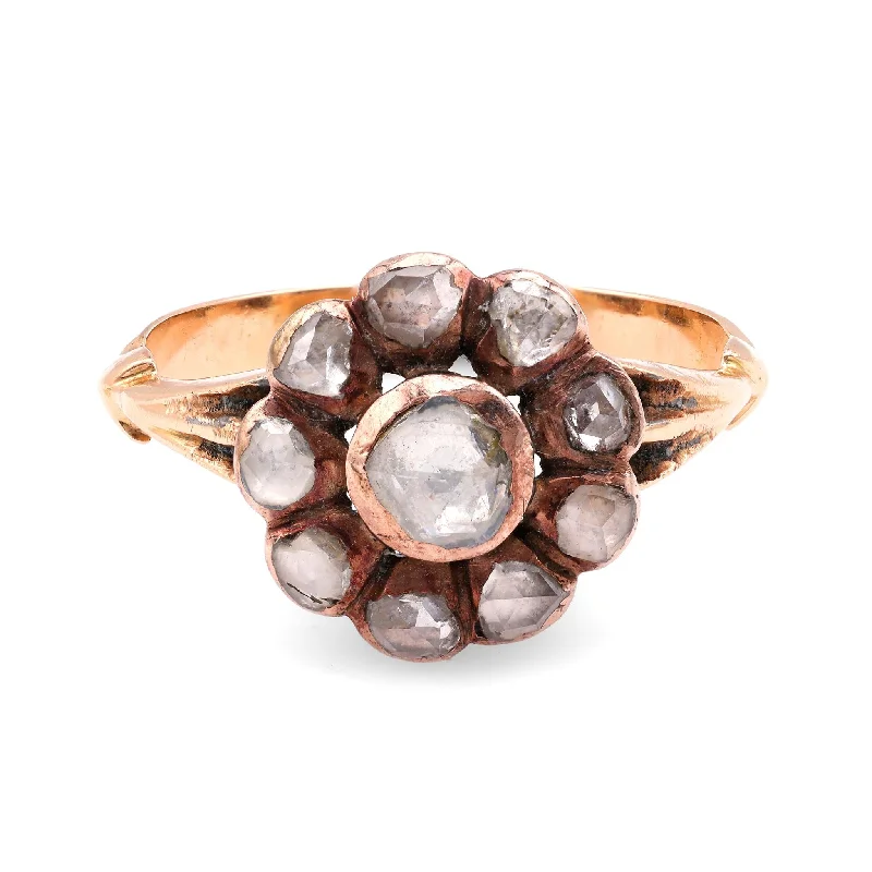 couple's matching ring set -Antique Rose Cut Diamond 14K Rose Gold Cluster Ring