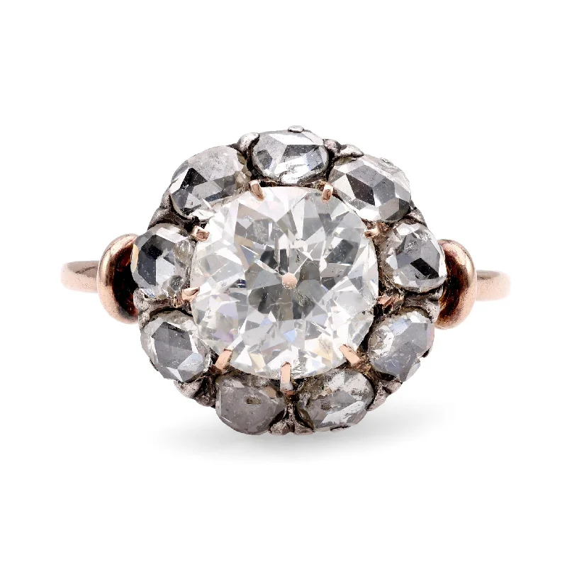 heart-shaped engagement ring for women -Antique Style 1.74 Carat Old Mine Diamond 18K Rose Gold Silver Cluster Ring