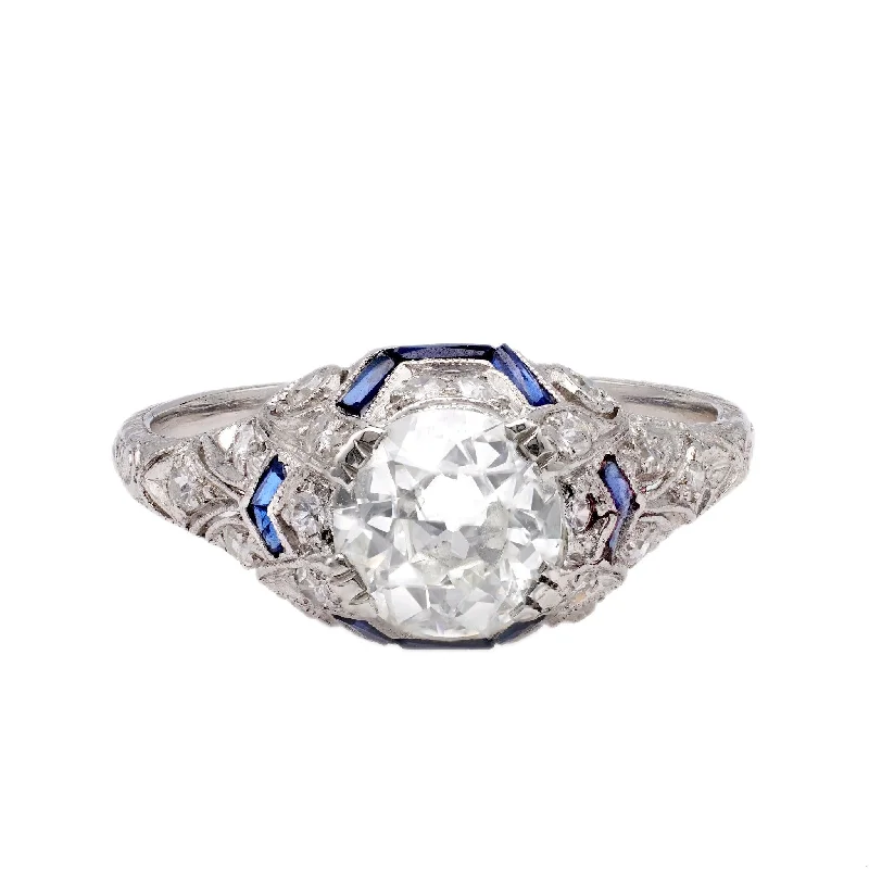 wedding ring set with diamonds -Art Deco GIA 1.51 Carat Old European Cut Diamond and Sapphire Platinum Ring