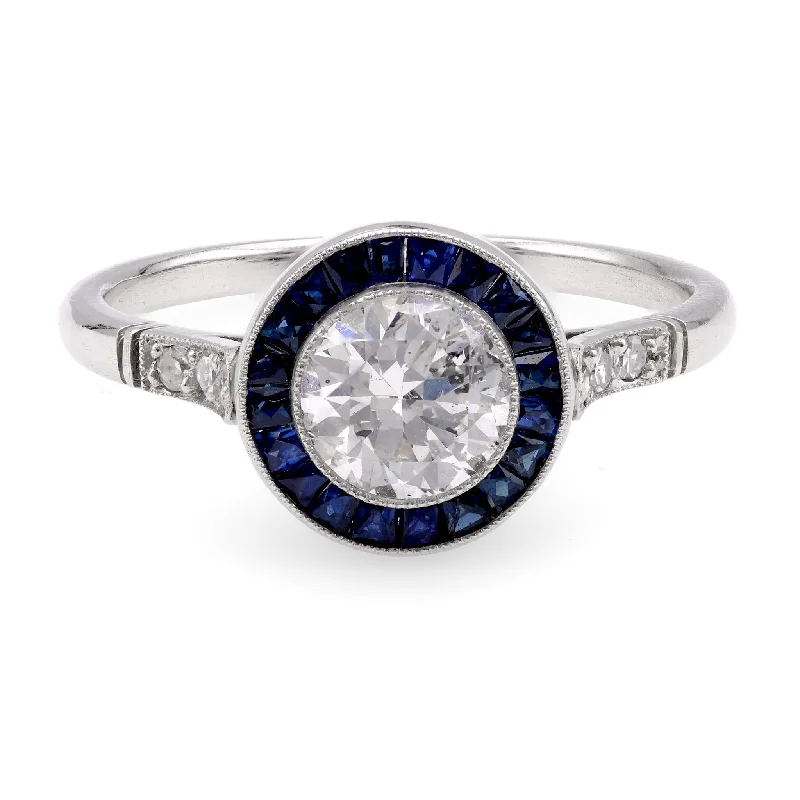 infinity wedding ring for women -Art Deco Inspired 0.81 Carat Diamond Sapphire Platinum Target Ring