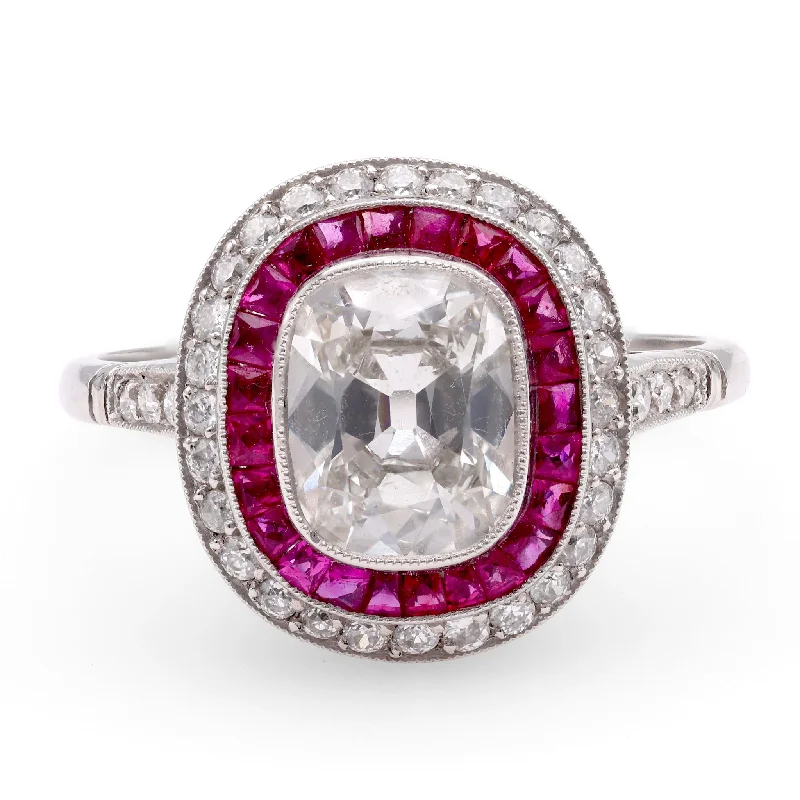 personalized promise ring for couples -Art Deco Inspired 1.24 Carat Diamond Ruby Platinum Target Ring