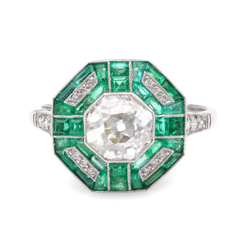 men's ceramic ring -Art Deco Inspired 1.45 Carat Diamond Emerald Platinum Ring