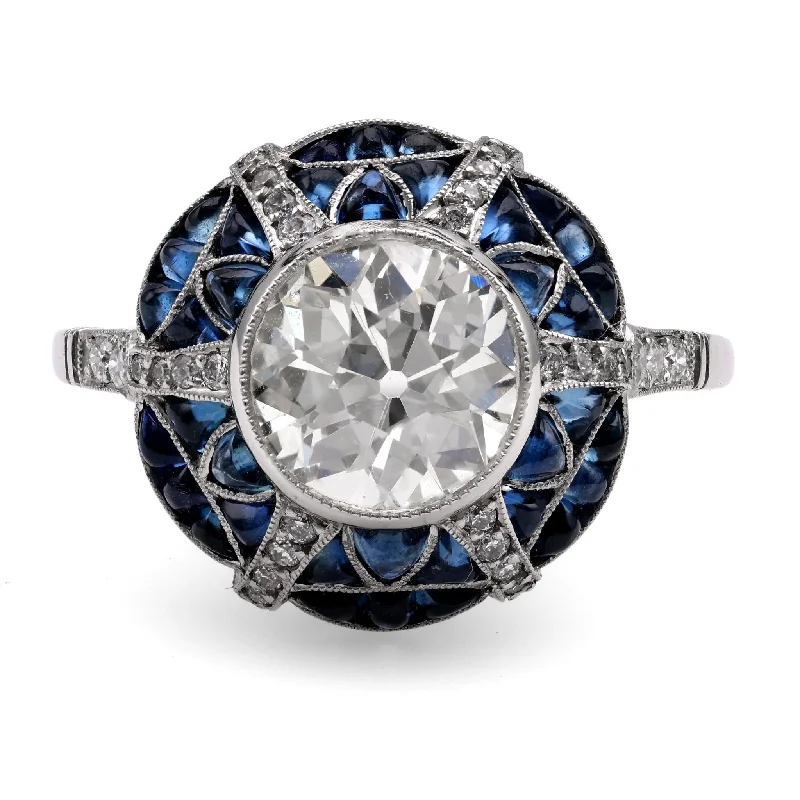 silver engagement ring for women -Art Deco Inspired 1.46 Carat Diamond Sapphire Platinum Target Ring