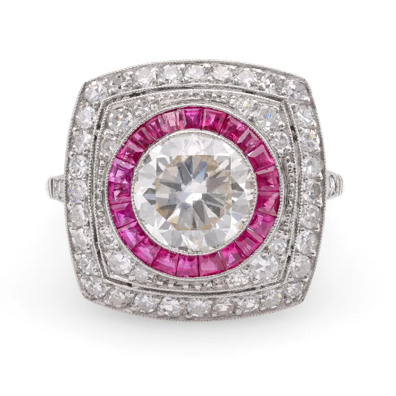 wedding ring with colored stones -Art Deco Inspired 1.94 Carat Diamond Ruby Platinum Halo Ring