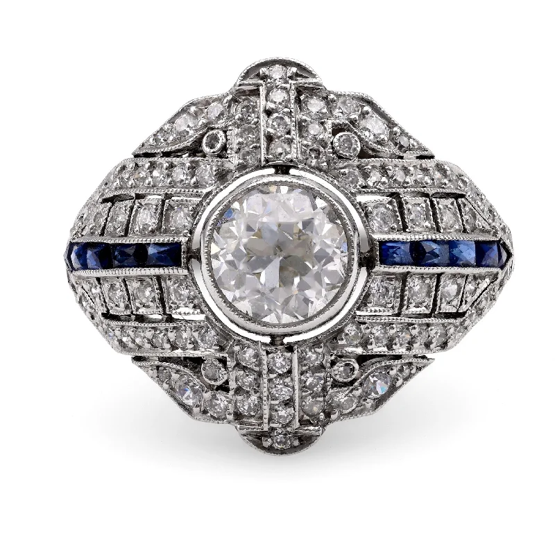 white gold engagement ring for women -Art Deco Inspired 1 Carat Diamond Sapphire Platinum Ring