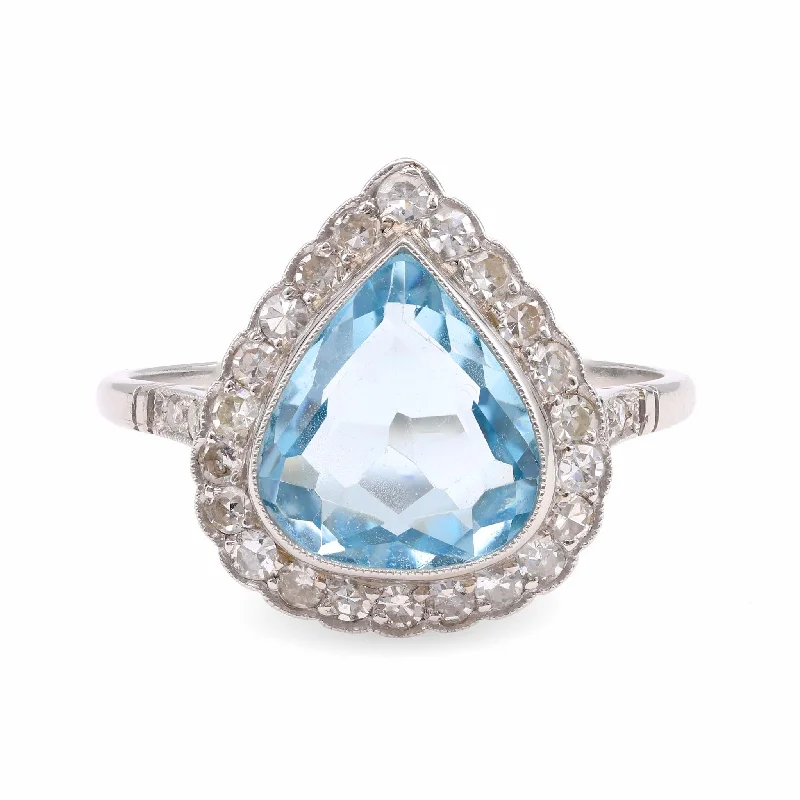 sapphire wedding ring for women -Art Deco Inspired 2.14 Carat Aquamarine Diamond Platinum Cluster Ring